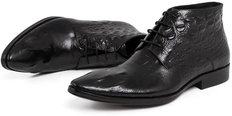 Rui Landed Ankle Boot for Men High Top Business Derby Boot Lace Up Style Premium Genuine Leather Crocodile Print Vamp Pointed Toe Block Heel Easy Care (Color : Black, Size : 4 M US)