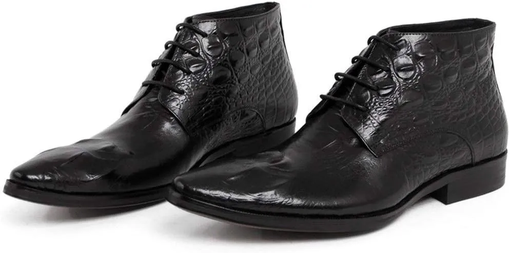 Rui Landed Ankle Boot for Men High Top Business Derby Boot Lace Up Style Premium Genuine Leather Crocodile Print Vamp Pointed Toe Block Heel Easy Care (Color : Black, Size : 4 M US)