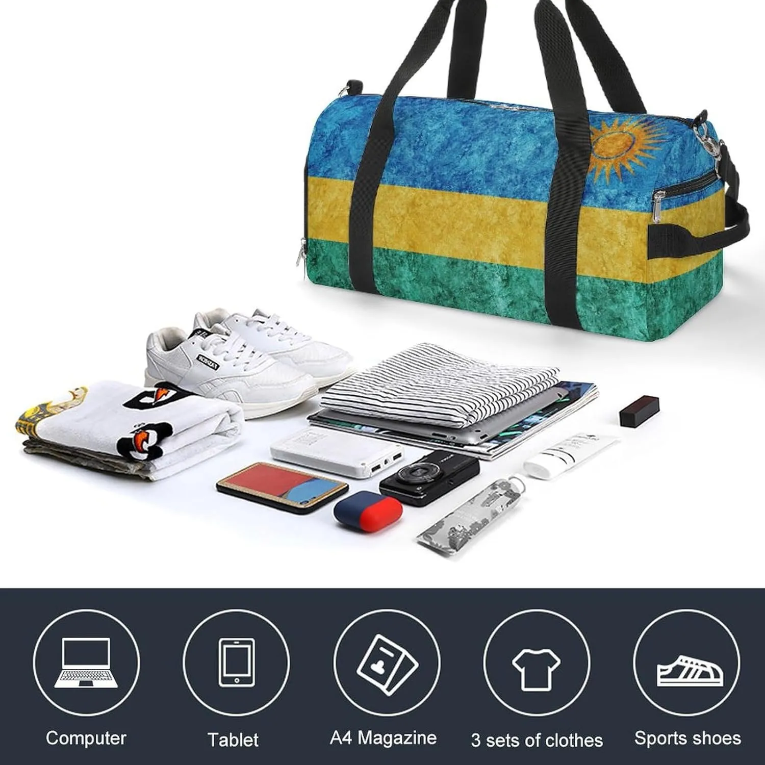 Rwanda Flag Textured Gym Duffel Bag for Men Women with Wet Pocket and Shoe Compartment