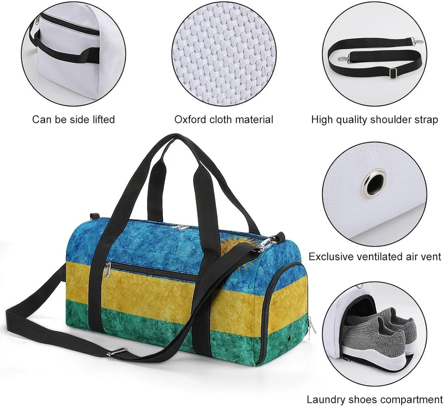 Rwanda Flag Textured Gym Duffel Bag for Men Women with Wet Pocket and Shoe Compartment