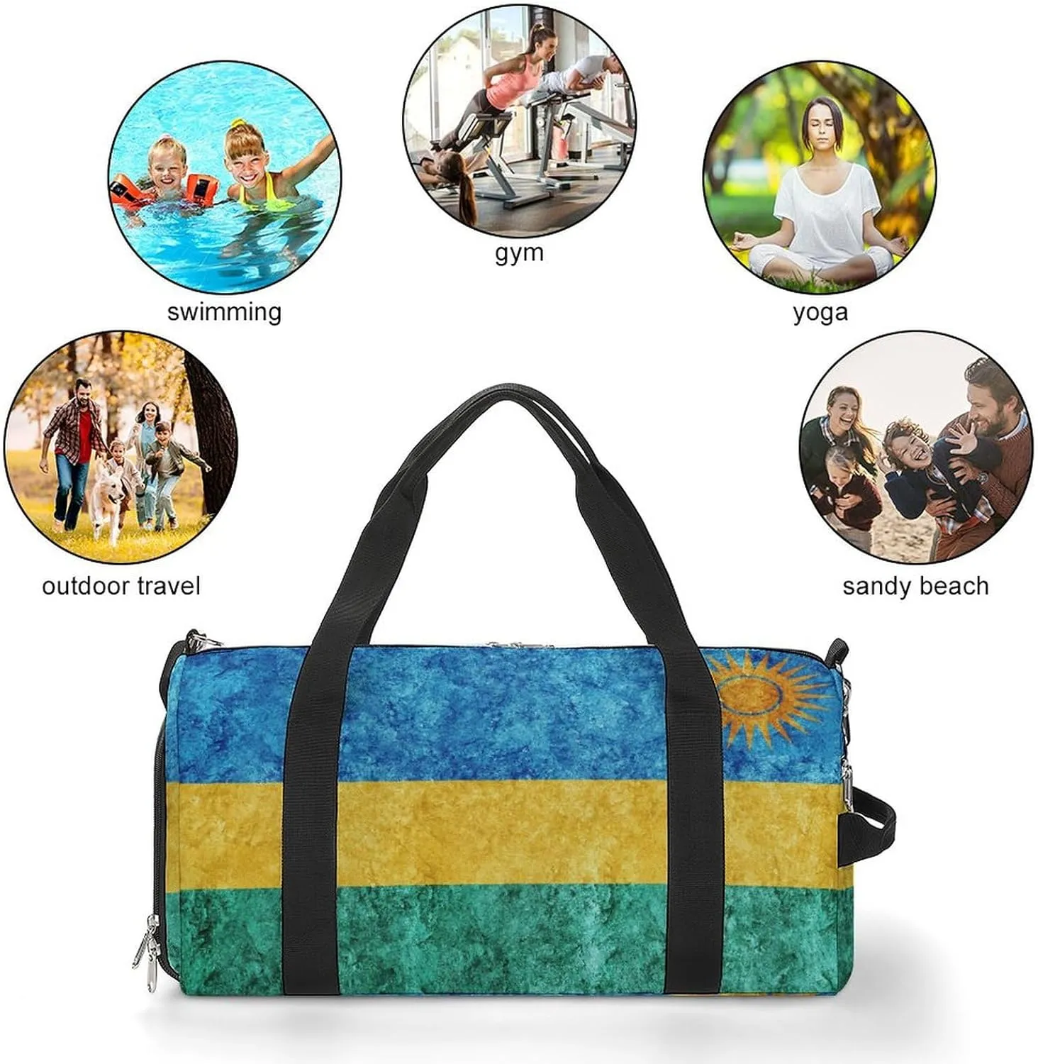 Rwanda Flag Textured Gym Duffel Bag for Men Women with Wet Pocket and Shoe Compartment