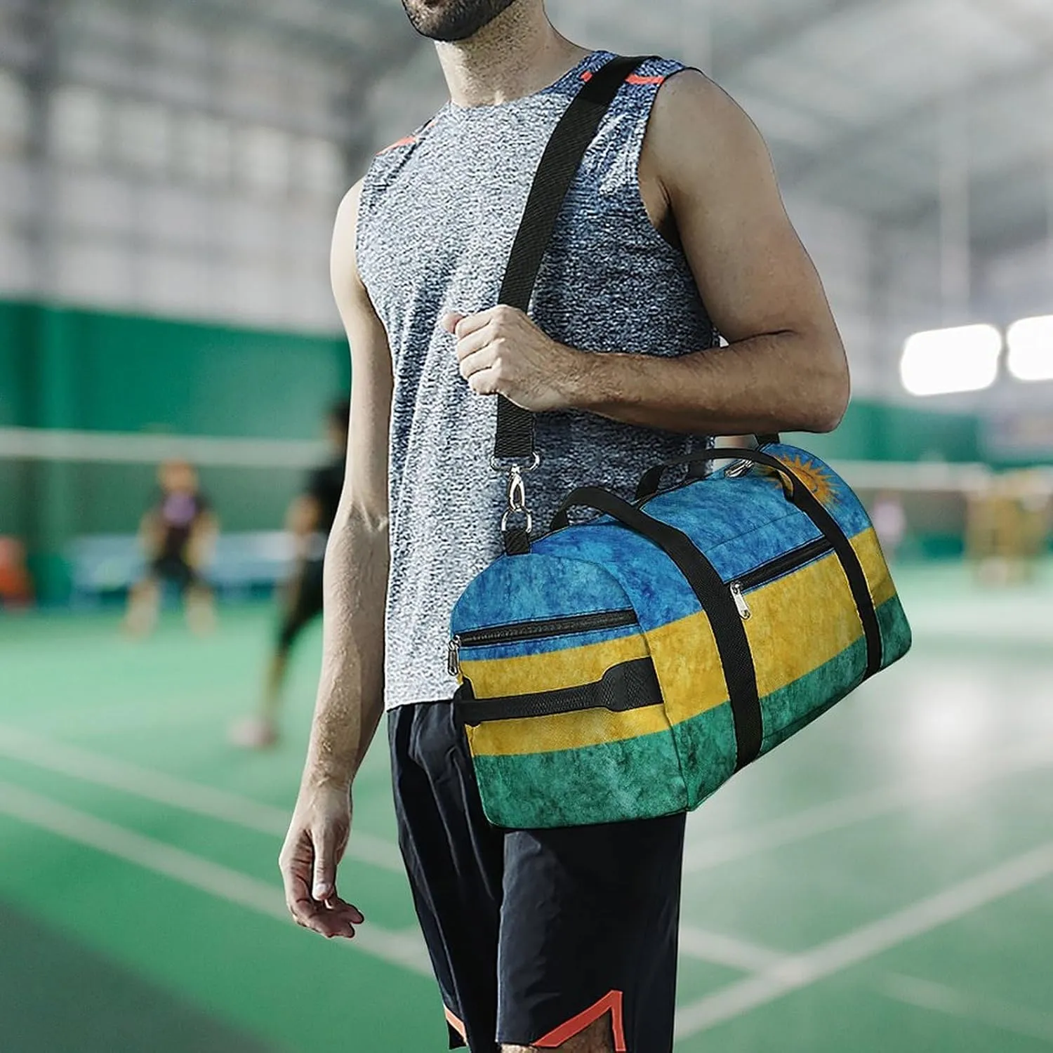 Rwanda Flag Textured Gym Duffel Bag for Men Women with Wet Pocket and Shoe Compartment