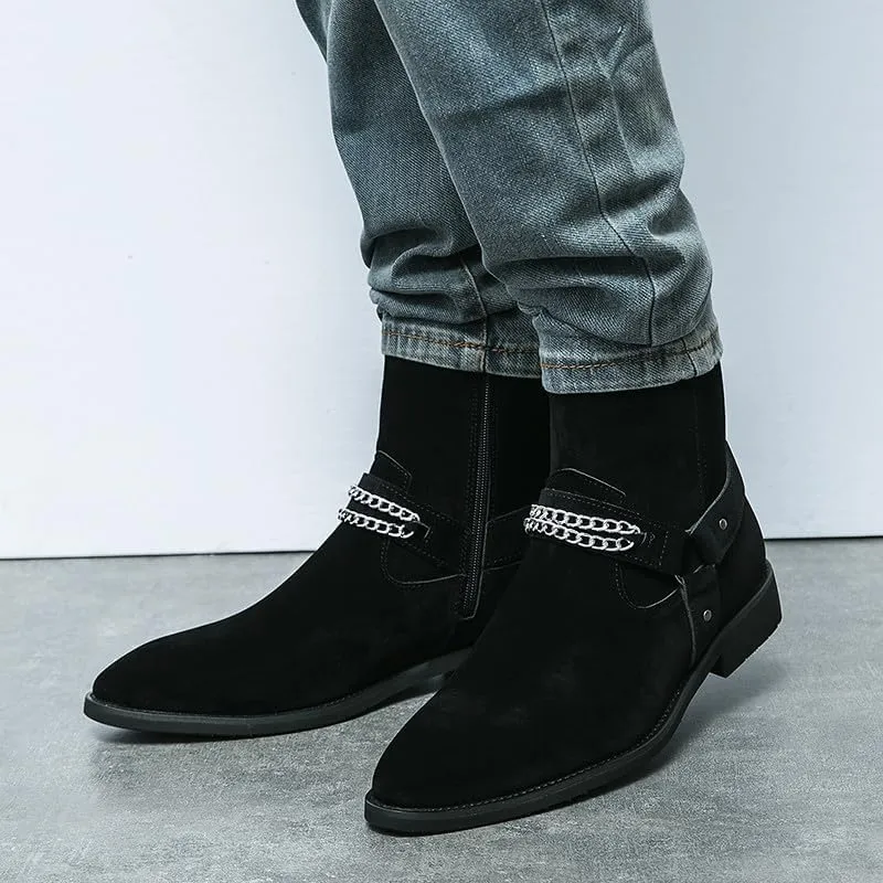 Santimon Men's Biker Punk Boots Belt Buckle Chain Strap Suede Dress Casual Boots with Side Zipper