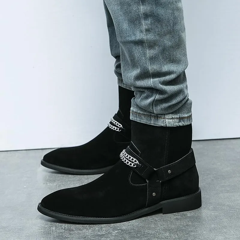 Santimon Men's Biker Punk Boots Belt Buckle Chain Strap Suede Dress Casual Boots with Side Zipper