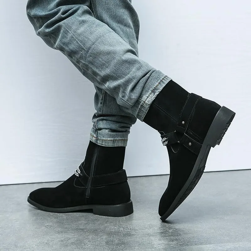 Santimon Men's Biker Punk Boots Belt Buckle Chain Strap Suede Dress Casual Boots with Side Zipper