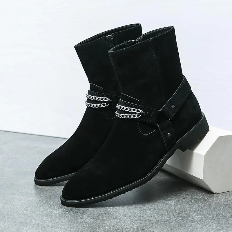 Santimon Men's Biker Punk Boots Belt Buckle Chain Strap Suede Dress Casual Boots with Side Zipper