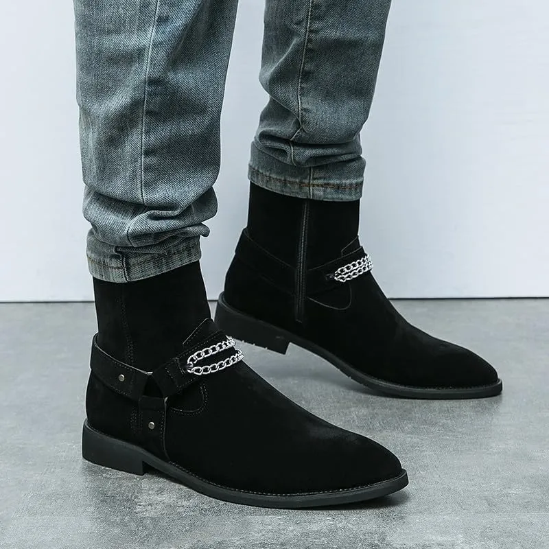 Santimon Men's Biker Punk Boots Belt Buckle Chain Strap Suede Dress Casual Boots with Side Zipper