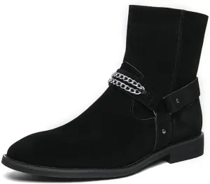 Santimon Men's Biker Punk Boots Belt Buckle Chain Strap Suede Dress Casual Boots with Side Zipper