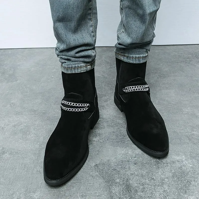 Santimon Men's Biker Punk Boots Belt Buckle Chain Strap Suede Dress Casual Boots with Side Zipper