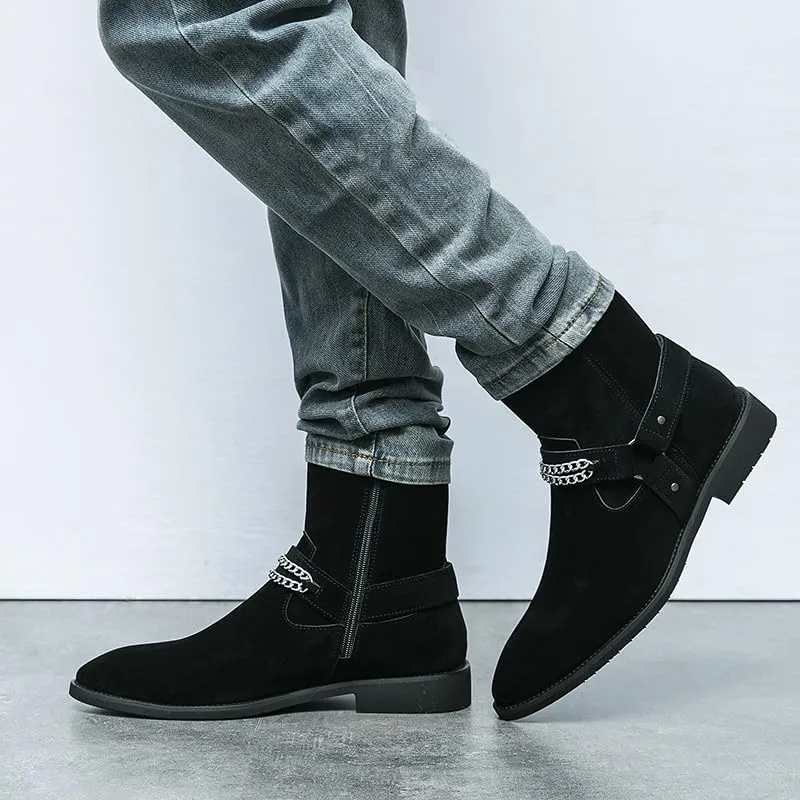 Santimon Men's Biker Punk Boots Belt Buckle Chain Strap Suede Dress Casual Boots with Side Zipper