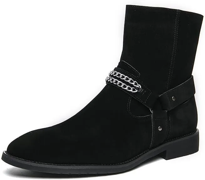 Santimon Men's Biker Punk Boots Belt Buckle Chain Strap Suede Dress Casual Boots with Side Zipper