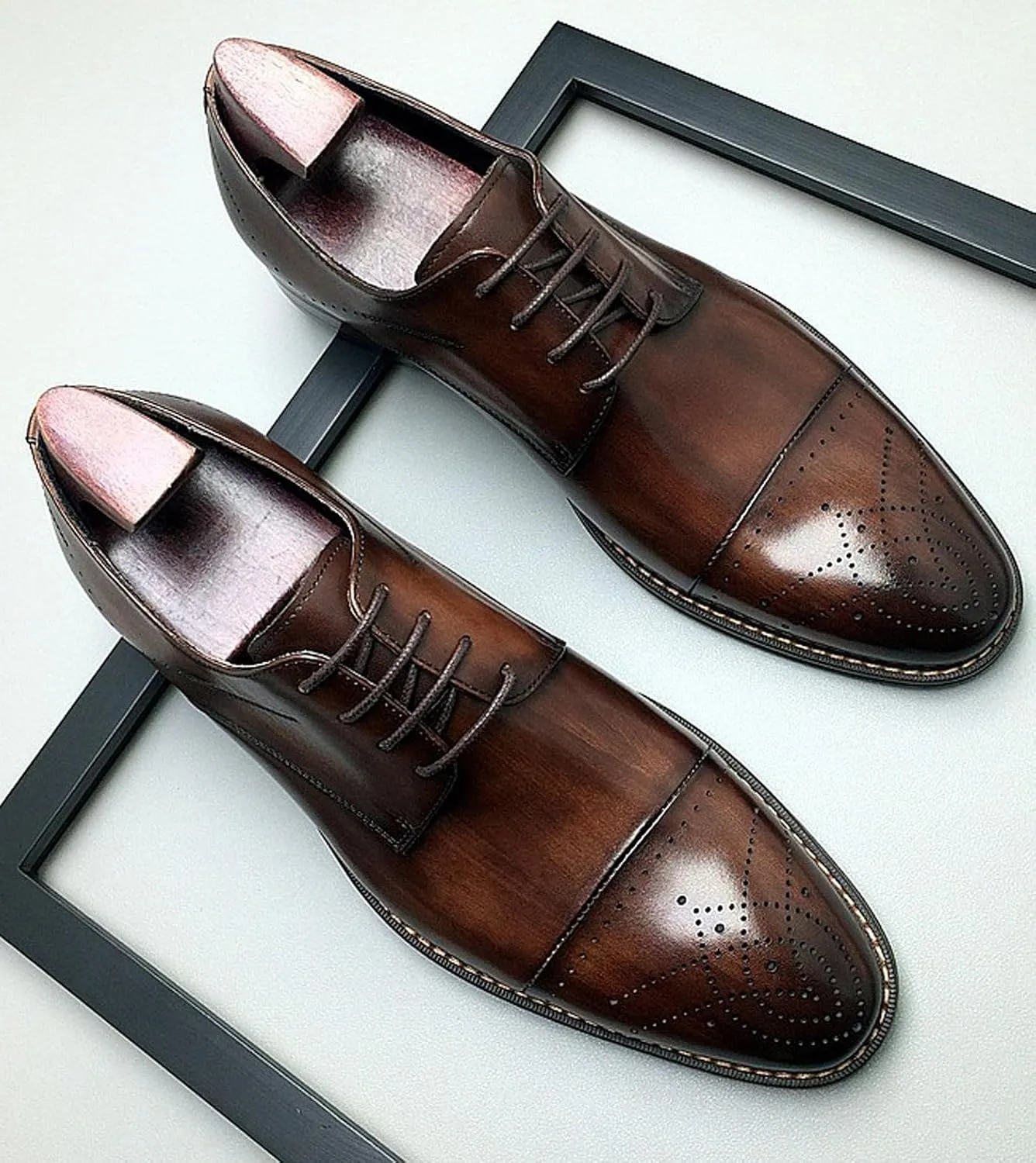 Santimon Men’s Genuine Leather Oxfords Dress Shoes – Handcrafted Cap-Toe Derby Shoes for Formal, Tuxedo, Prom, Wedding & Business Casual