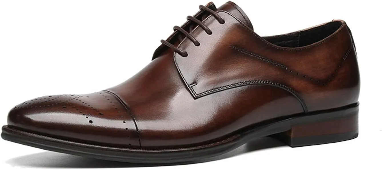 Santimon Men’s Genuine Leather Oxfords Dress Shoes – Handcrafted Cap-Toe Derby Shoes for Formal, Tuxedo, Prom, Wedding & Business Casual