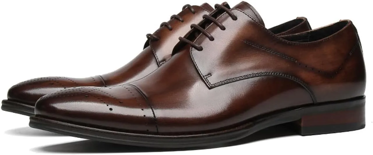 Santimon Men’s Genuine Leather Oxfords Dress Shoes – Handcrafted Cap-Toe Derby Shoes for Formal, Tuxedo, Prom, Wedding & Business Casual
