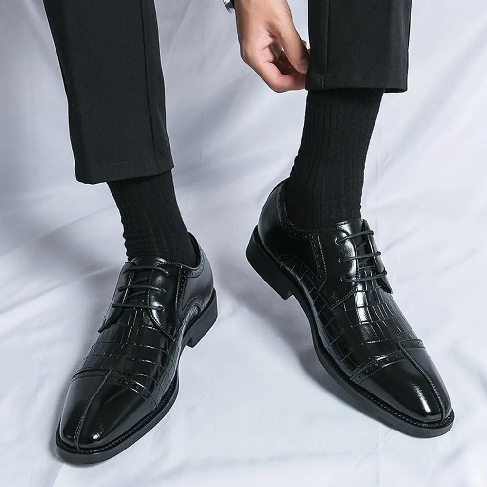 Santimon Men's Leather Dress Shoes with Crocodile Pattern Lace-Up Oxfords for Business, Weddings & Formal Events Derby Shoes