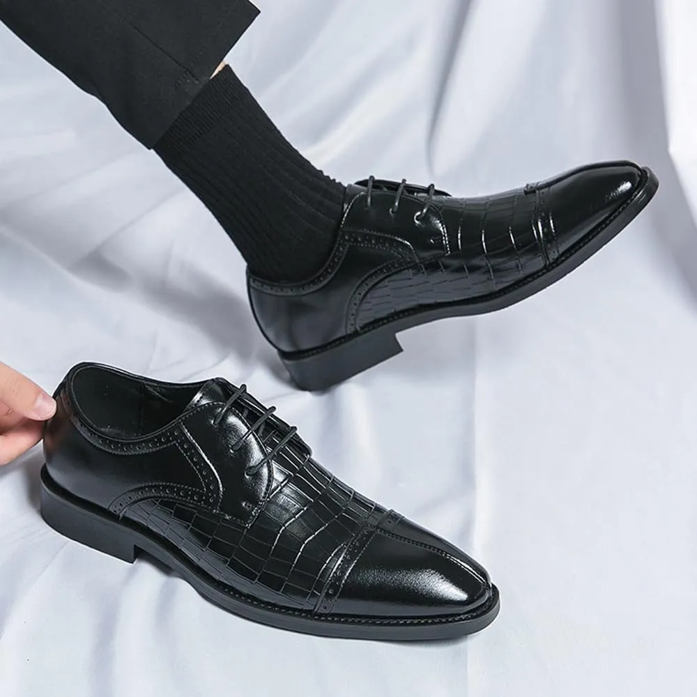 Santimon Men's Leather Dress Shoes with Crocodile Pattern Lace-Up Oxfords for Business, Weddings & Formal Events Derby Shoes