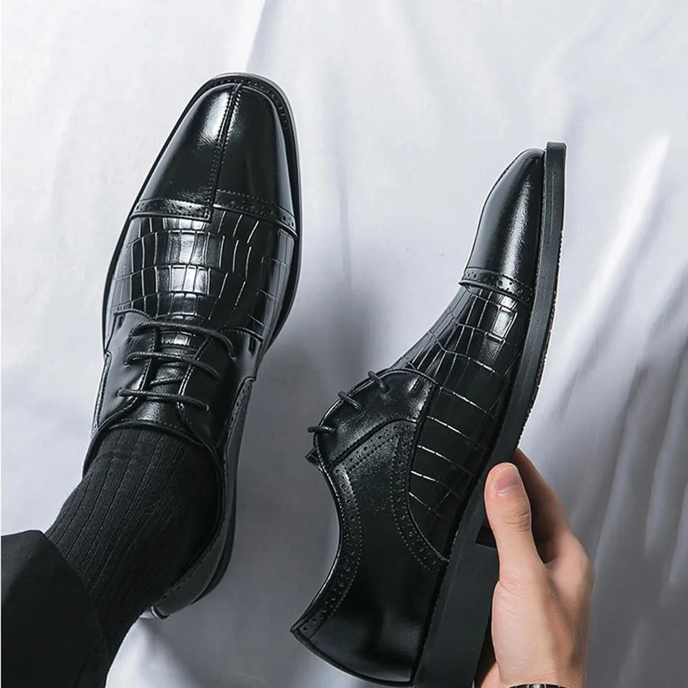 Santimon Men's Leather Dress Shoes with Crocodile Pattern Lace-Up Oxfords for Business, Weddings & Formal Events Derby Shoes