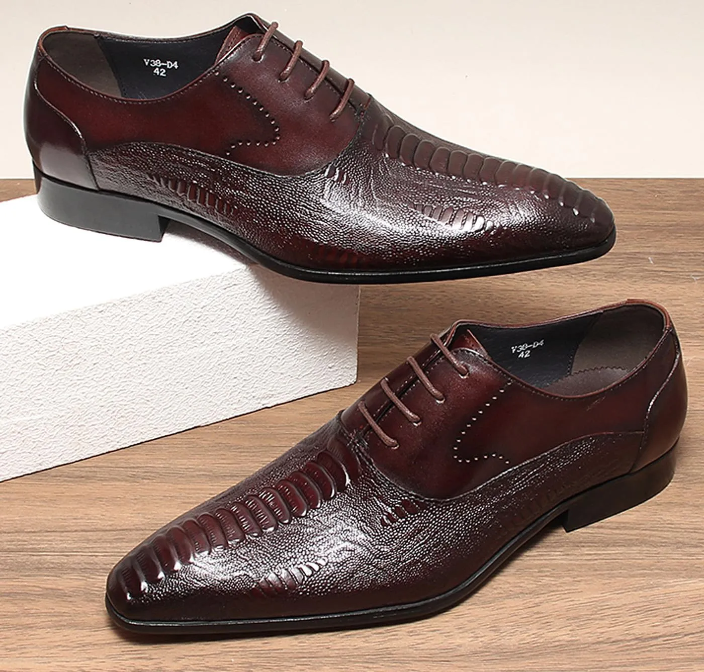Santimon Men’s Leather Oxford Dress Shoes – Classic Lace-Up Formal Derby Shoes with Crocodile Embossed Detailing, Anti-Slip Sole & Cushioned Insole for Business, Wedding & Party