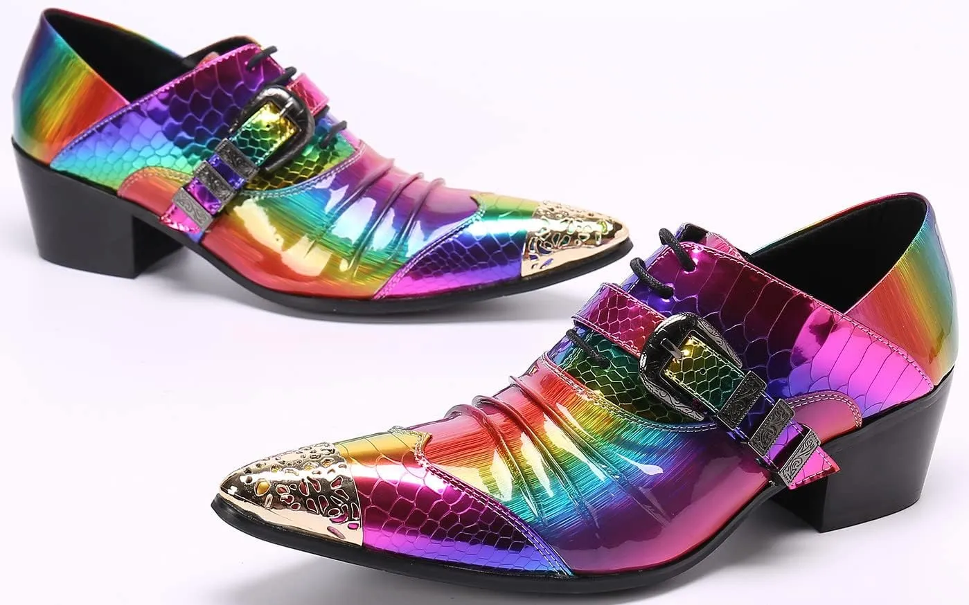 Santimon Mens Oxfords Casual Dress Tuxedo Shoes Genuine Leather Metal Pointed Toe Folding Texture Party Prom Wedding Ballroom Singer Bar Disco Derby Western Colorful Shoes for Men