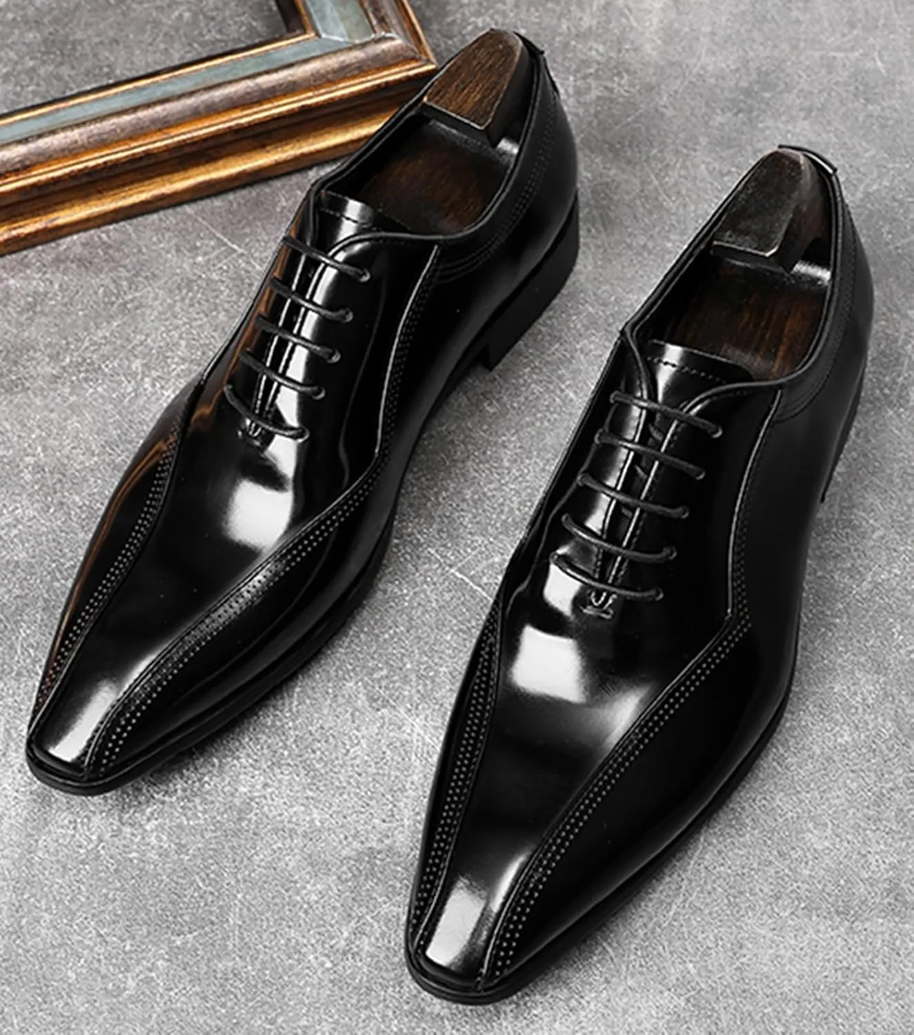 Santimon Mens Oxfords Dress Formal Shoes - Genunie Leather Pointed Toe Fashion Tuxedo Business Casual Derby - Modern Prom Wedding Suit Shoes
