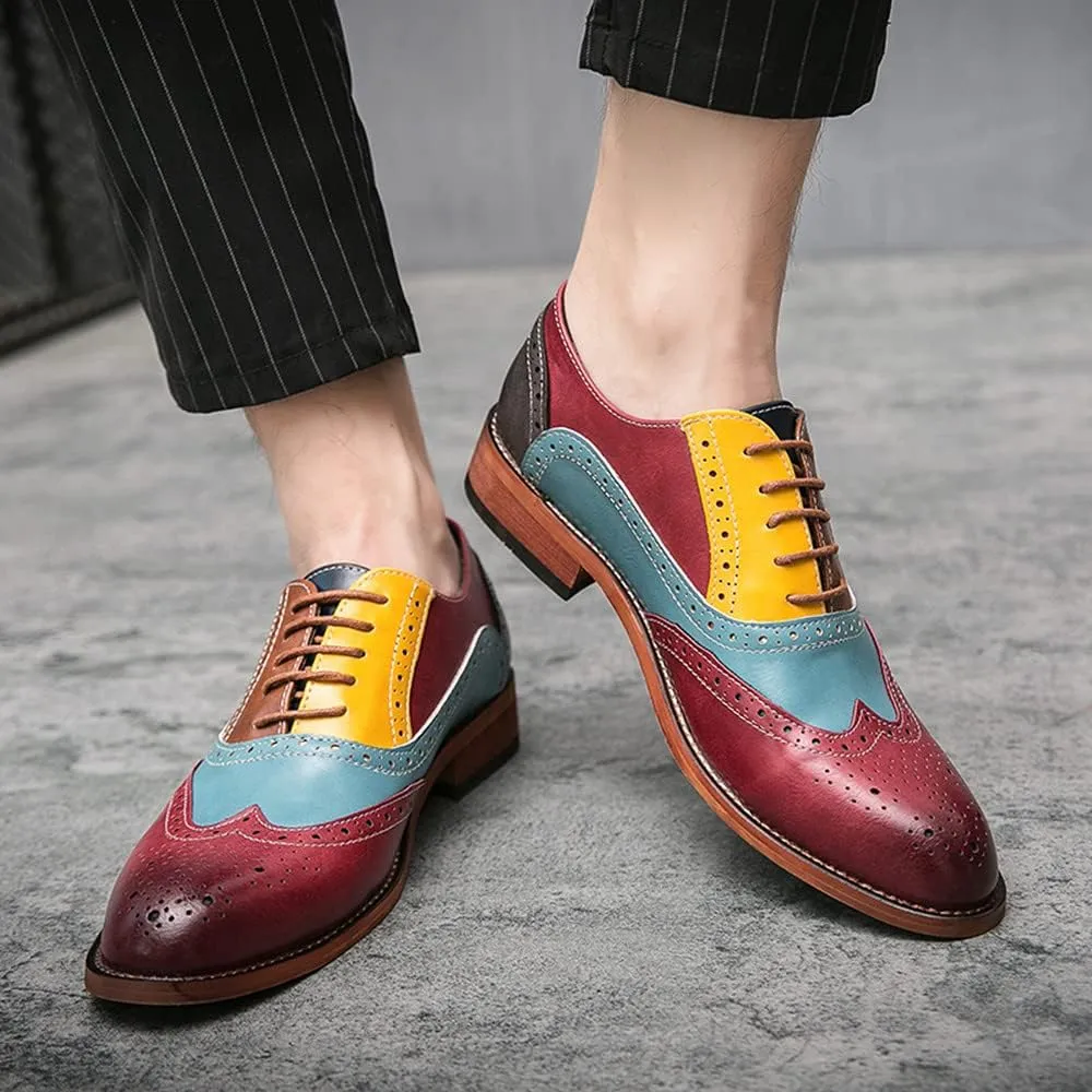 Santimon Men's Wingtip Oxfords Brogue Dress Shoes Lace-up Leather Antique Brown & Blue Italian Formal Derby Loafer Shoes