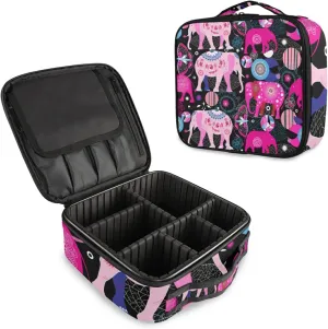Seamless Bright Colorful Pink Elephants Leaves Flowers on Dark Women's Portable Makeup Bags with Handle, Adjustable Dividers, Travel Cosmetic Toiletry Accessories Storage Organizer for Girls