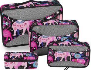 Seamless Bright Pink Elephants Tribal Ethnic Theme on Black 4 PCs Set Packing Bags, Luggage Organizer Bag, Portable Cube Toiletry bag, Durable Travel Cosmetic Storage Bag for Men Women
