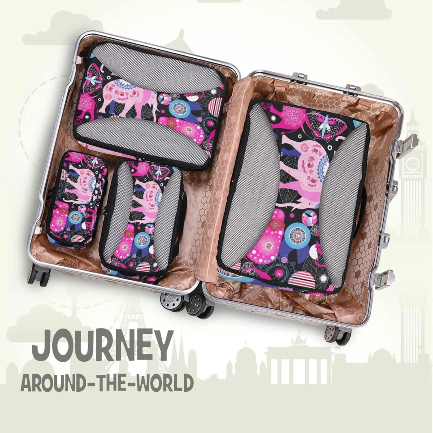 Seamless Bright Pink Elephants Tribal Ethnic Theme on Black 4 PCs Set Packing Bags, Luggage Organizer Bag, Portable Cube Toiletry bag, Durable Travel Cosmetic Storage Bag for Men Women