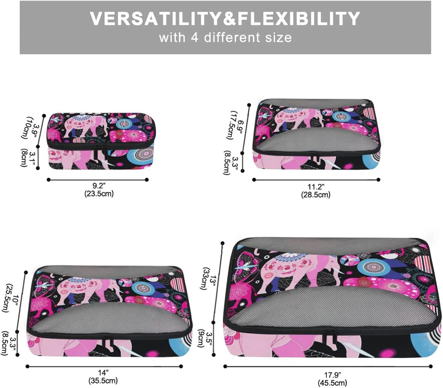 Seamless Bright Pink Elephants Tribal Ethnic Theme on Black 4 PCs Set Packing Bags, Luggage Organizer Bag, Portable Cube Toiletry bag, Durable Travel Cosmetic Storage Bag for Men Women