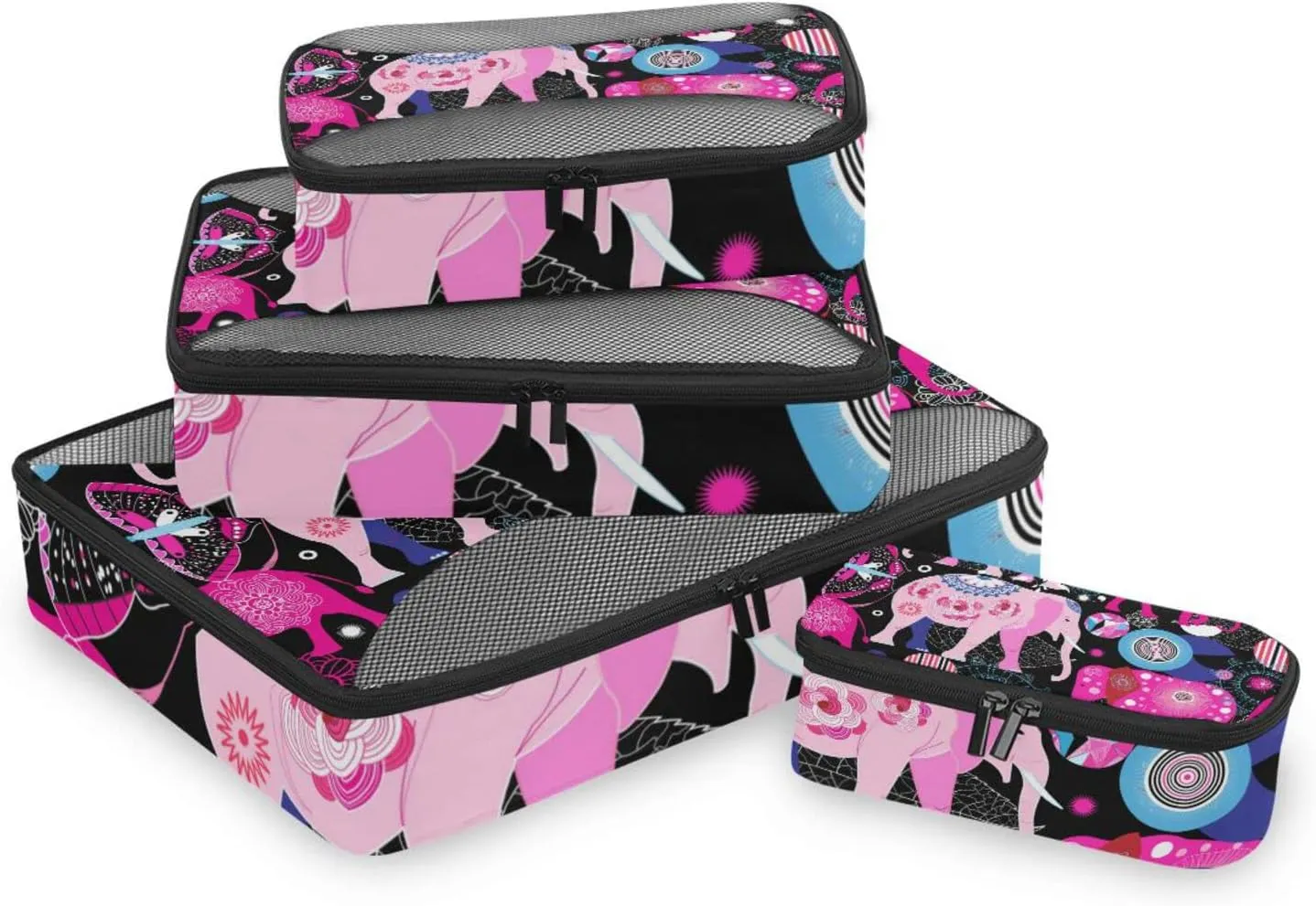 Seamless Bright Pink Elephants Tribal Ethnic Theme on Black 4 PCs Set Packing Bags, Luggage Organizer Bag, Portable Cube Toiletry bag, Durable Travel Cosmetic Storage Bag for Men Women