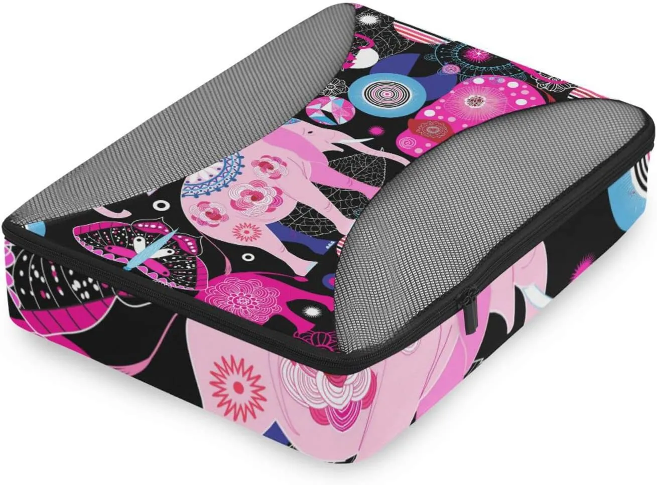 Seamless Bright Pink Elephants Tribal Ethnic Theme on Black 4 PCs Set Packing Bags, Luggage Organizer Bag, Portable Cube Toiletry bag, Durable Travel Cosmetic Storage Bag for Men Women