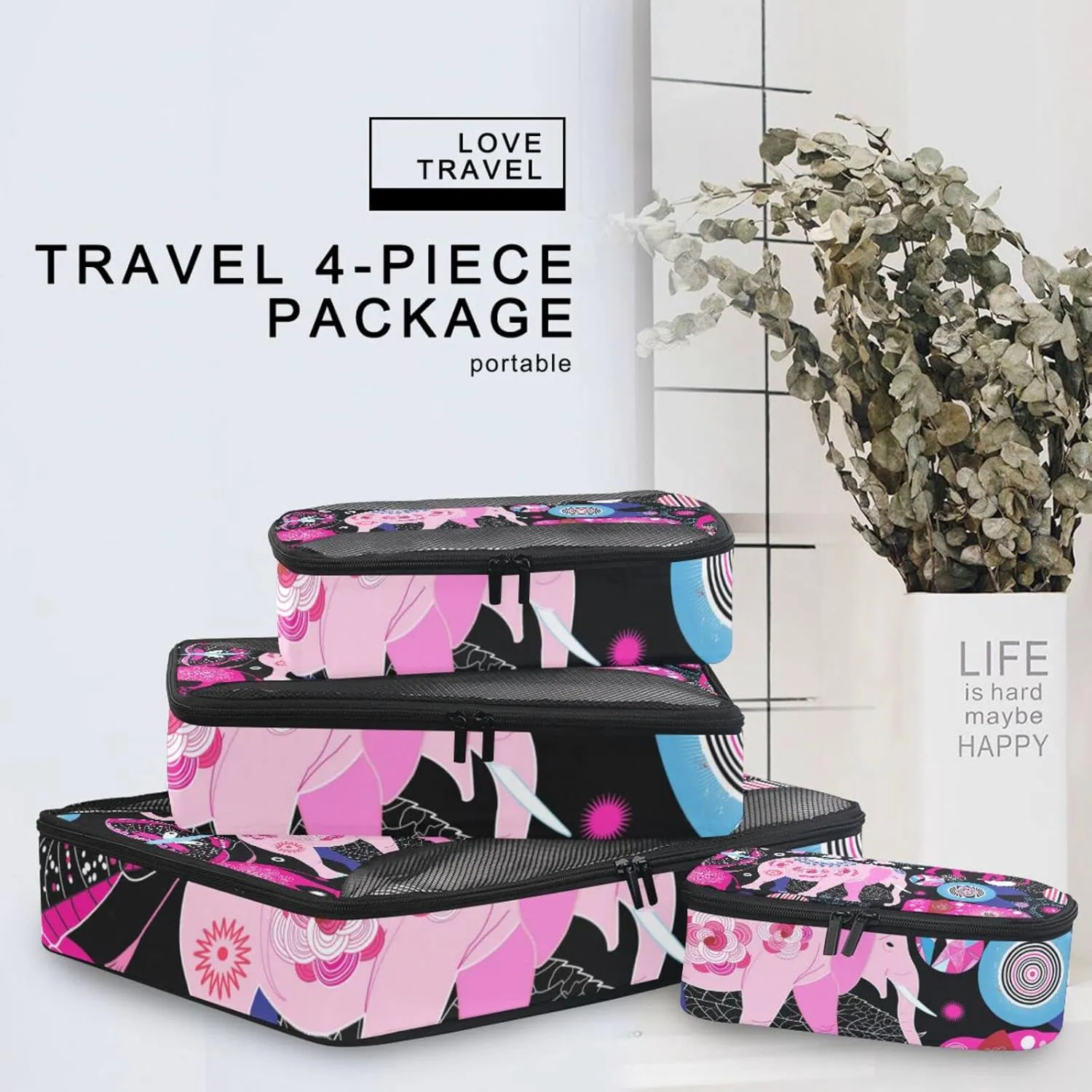 Seamless Bright Pink Elephants Tribal Ethnic Theme on Black 4 PCs Set Packing Bags, Luggage Organizer Bag, Portable Cube Toiletry bag, Durable Travel Cosmetic Storage Bag for Men Women
