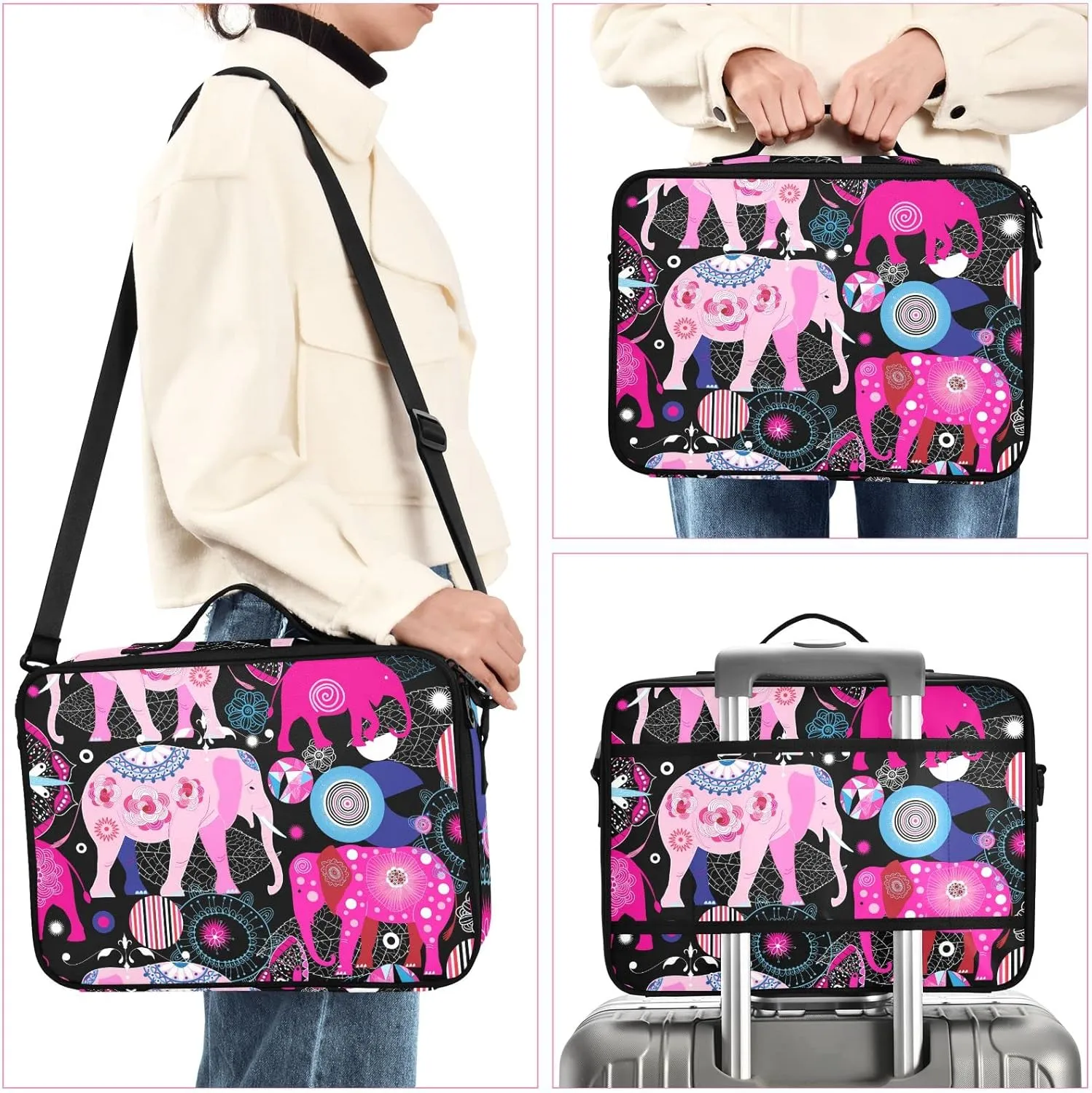 Seamless Bright Pink Elephants Tribal Ethnic Theme on Black Women's Portable Makeup Bag with Handle, Cosmetic Bag, Adjustable Dividers, Travel Cosmetic Toiletry Storage Organizer for women