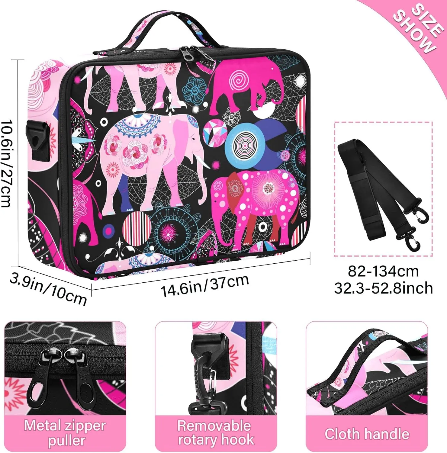 Seamless Bright Pink Elephants Tribal Ethnic Theme on Black Women's Portable Makeup Bag with Handle, Cosmetic Bag, Adjustable Dividers, Travel Cosmetic Toiletry Storage Organizer for women