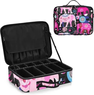 Seamless Bright Pink Elephants Tribal Ethnic Theme on Black Women's Portable Makeup Bag with Handle, Cosmetic Bag, Adjustable Dividers, Travel Cosmetic Toiletry Storage Organizer for women
