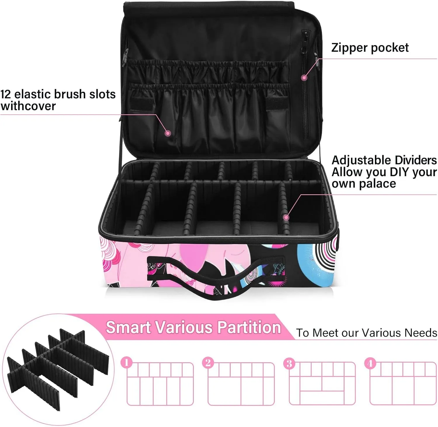 Seamless Bright Pink Elephants Tribal Ethnic Theme on Black Women's Portable Makeup Bag with Handle, Cosmetic Bag, Adjustable Dividers, Travel Cosmetic Toiletry Storage Organizer for women