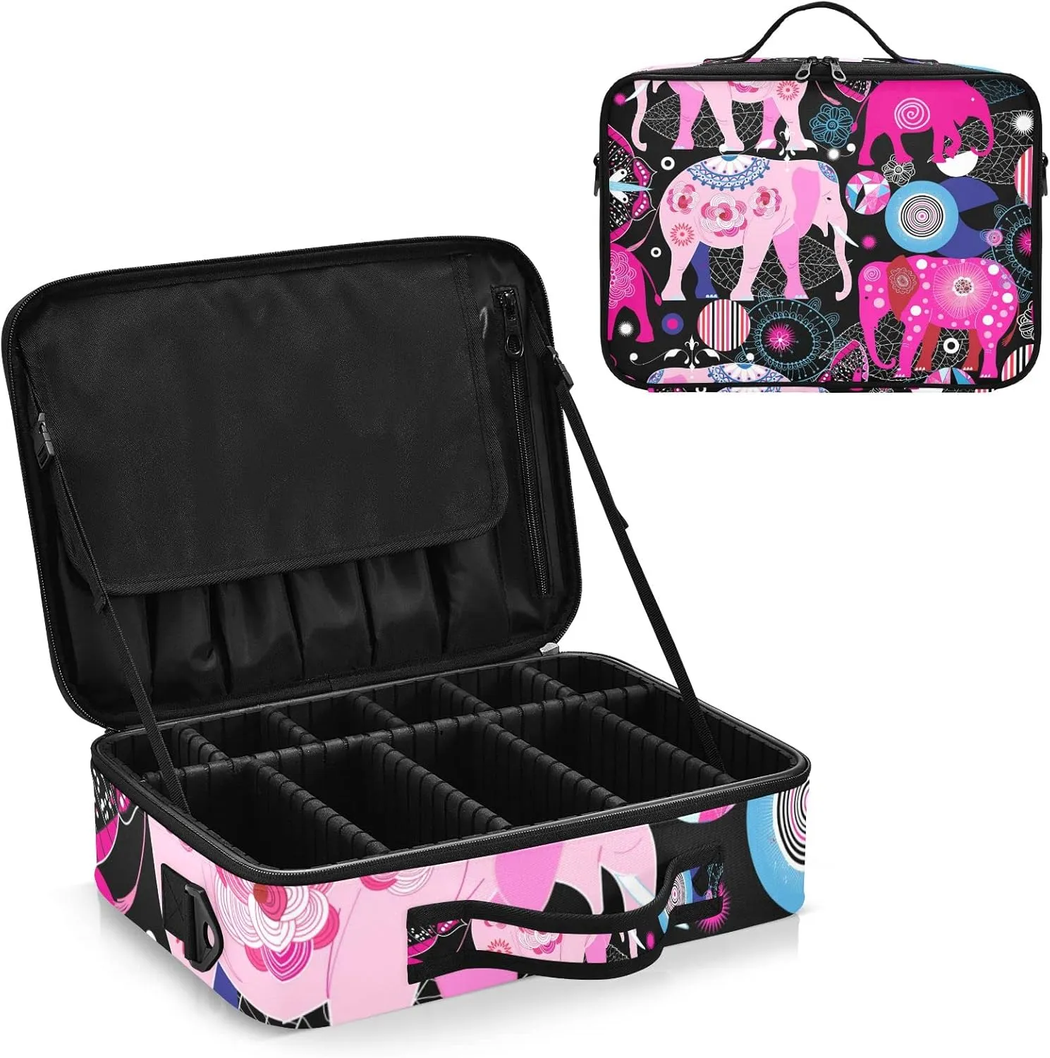 Seamless Bright Pink Elephants Tribal Ethnic Theme on Black Women's Portable Makeup Bag with Handle, Cosmetic Bag, Adjustable Dividers, Travel Cosmetic Toiletry Storage Organizer for women
