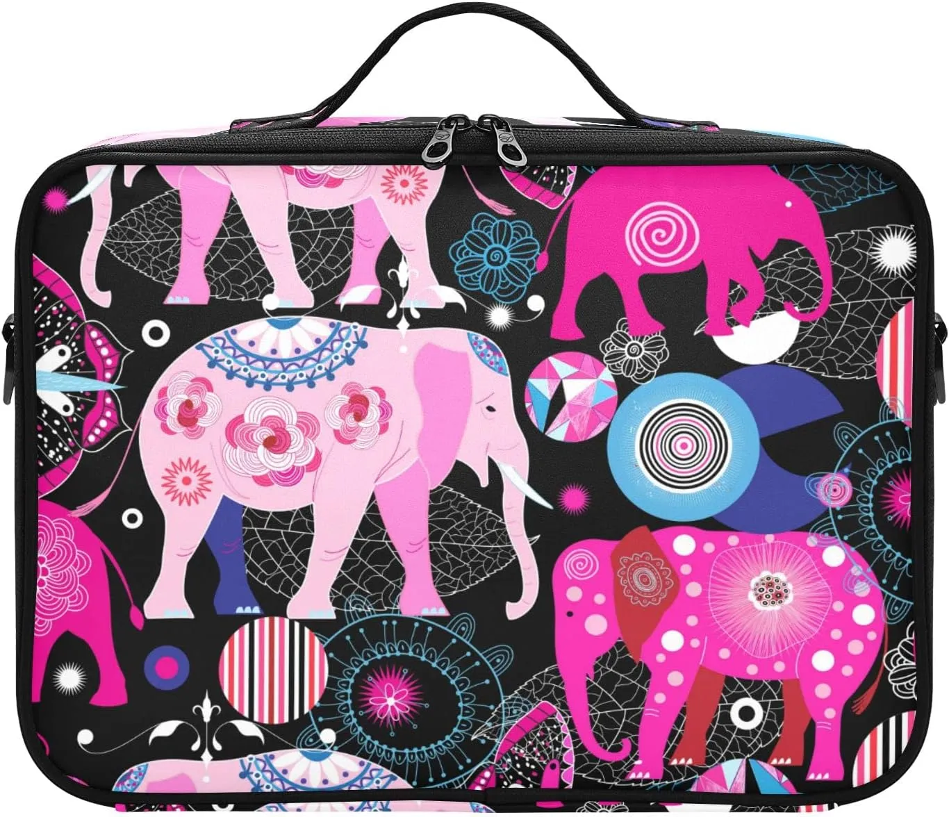 Seamless Bright Pink Elephants Tribal Ethnic Theme on Black Women's Portable Makeup Bag with Handle, Cosmetic Bag, Adjustable Dividers, Travel Cosmetic Toiletry Storage Organizer for women