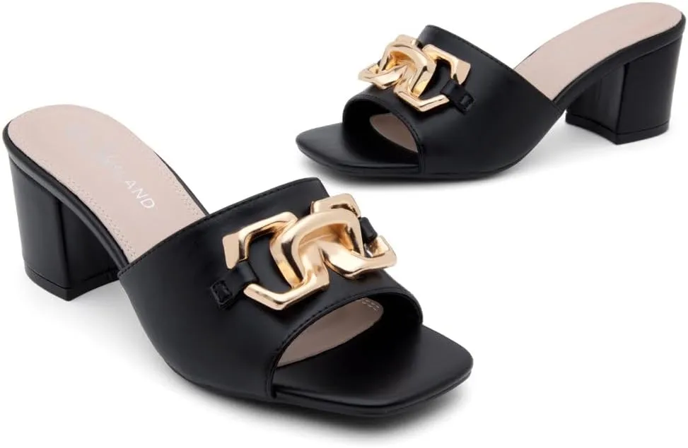 Shoe Land Women’s Low Block Heels – Square Open Toe Slip-On Mules, Slides & Sandals with Metal Chain | Casual & Dressy Chunky Heels for Wedding, Prom & Everyday