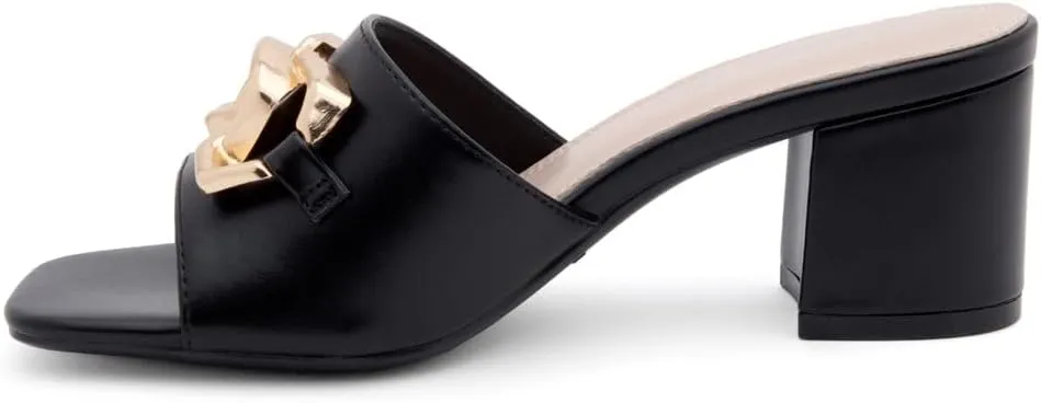 Shoe Land Women’s Low Block Heels – Square Open Toe Slip-On Mules, Slides & Sandals with Metal Chain | Casual & Dressy Chunky Heels for Wedding, Prom & Everyday