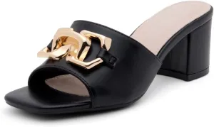 Shoe Land Women’s Low Block Heels – Square Open Toe Slip-On Mules, Slides & Sandals with Metal Chain | Casual & Dressy Chunky Heels for Wedding, Prom & Everyday