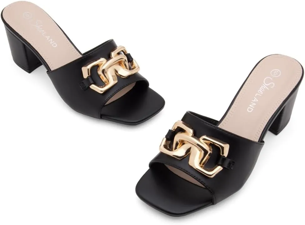 Shoe Land Women’s Low Block Heels – Square Open Toe Slip-On Mules, Slides & Sandals with Metal Chain | Casual & Dressy Chunky Heels for Wedding, Prom & Everyday