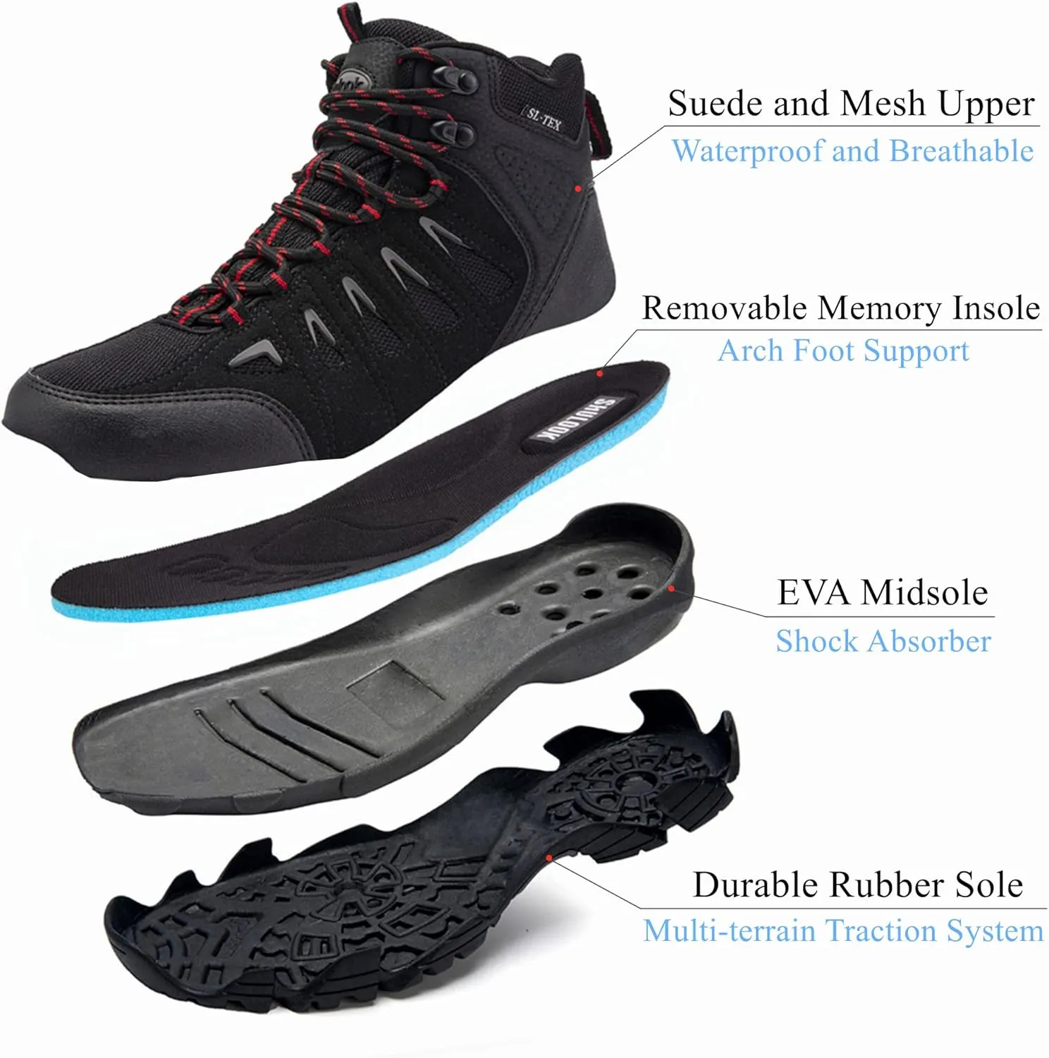 SHULOOK Men's Waterproof Hiking Boots Non-Slip Lightweight Outdoor Mid Top Ankle Boot Breathable Hiker Work Trekking Shoes