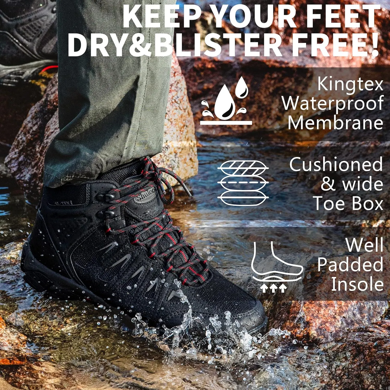 SHULOOK Men's Waterproof Hiking Boots Non-Slip Lightweight Outdoor Mid Top Ankle Boot Breathable Hiker Work Trekking Shoes