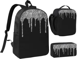 Silver Glitter Drips Sparkle Black 3-Piece Backpack Set – Lightweight backpack, Insulated Lunch Bag & Pencil Case, Durable Oxford for Travel/Work