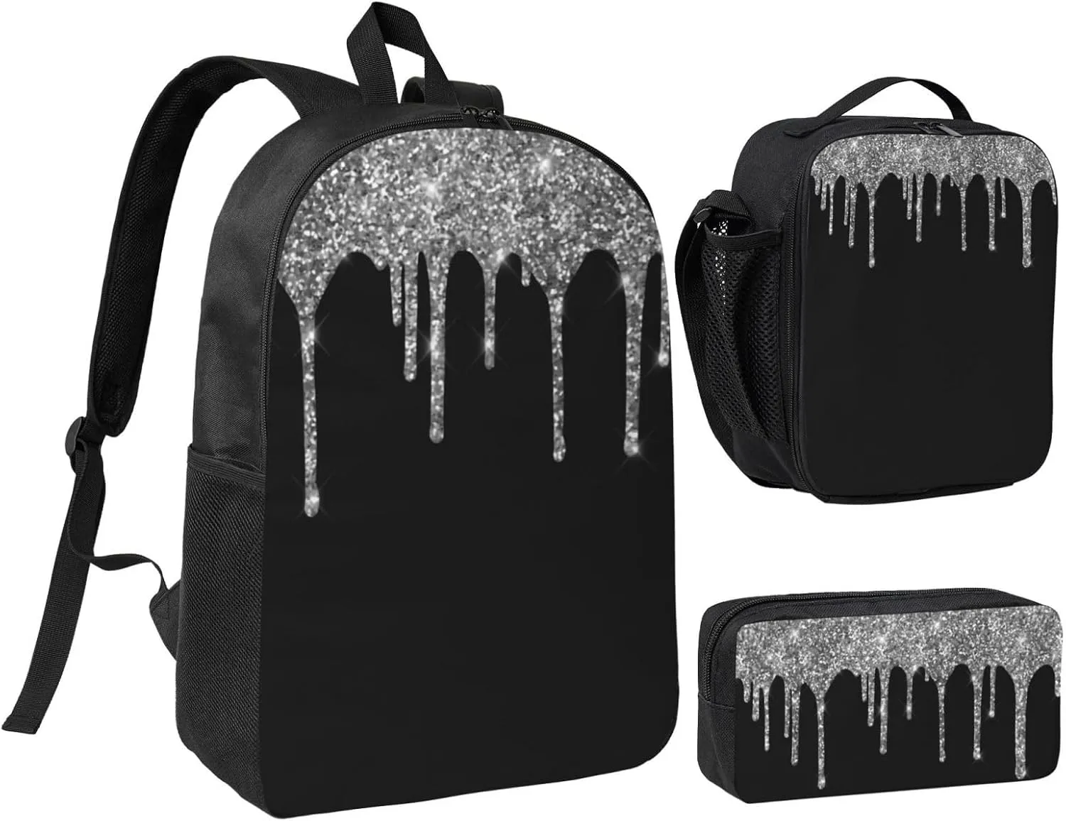 Silver Glitter Drips Sparkle Black 3-Piece Backpack Set – Lightweight backpack, Insulated Lunch Bag & Pencil Case, Durable Oxford for Travel/Work