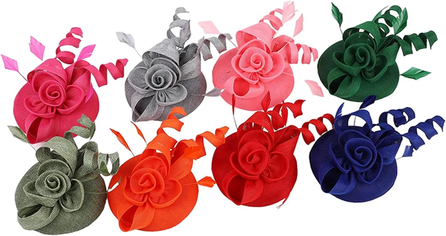 Sinamay Fascinator Hat Floral Feather Pillbox Derby Hats for Women Wedding Tea Party with Headband Clip