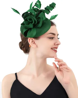 Sinamay Fascinator Hat Floral Feather Pillbox Derby Hats for Women Wedding Tea Party with Headband Clip