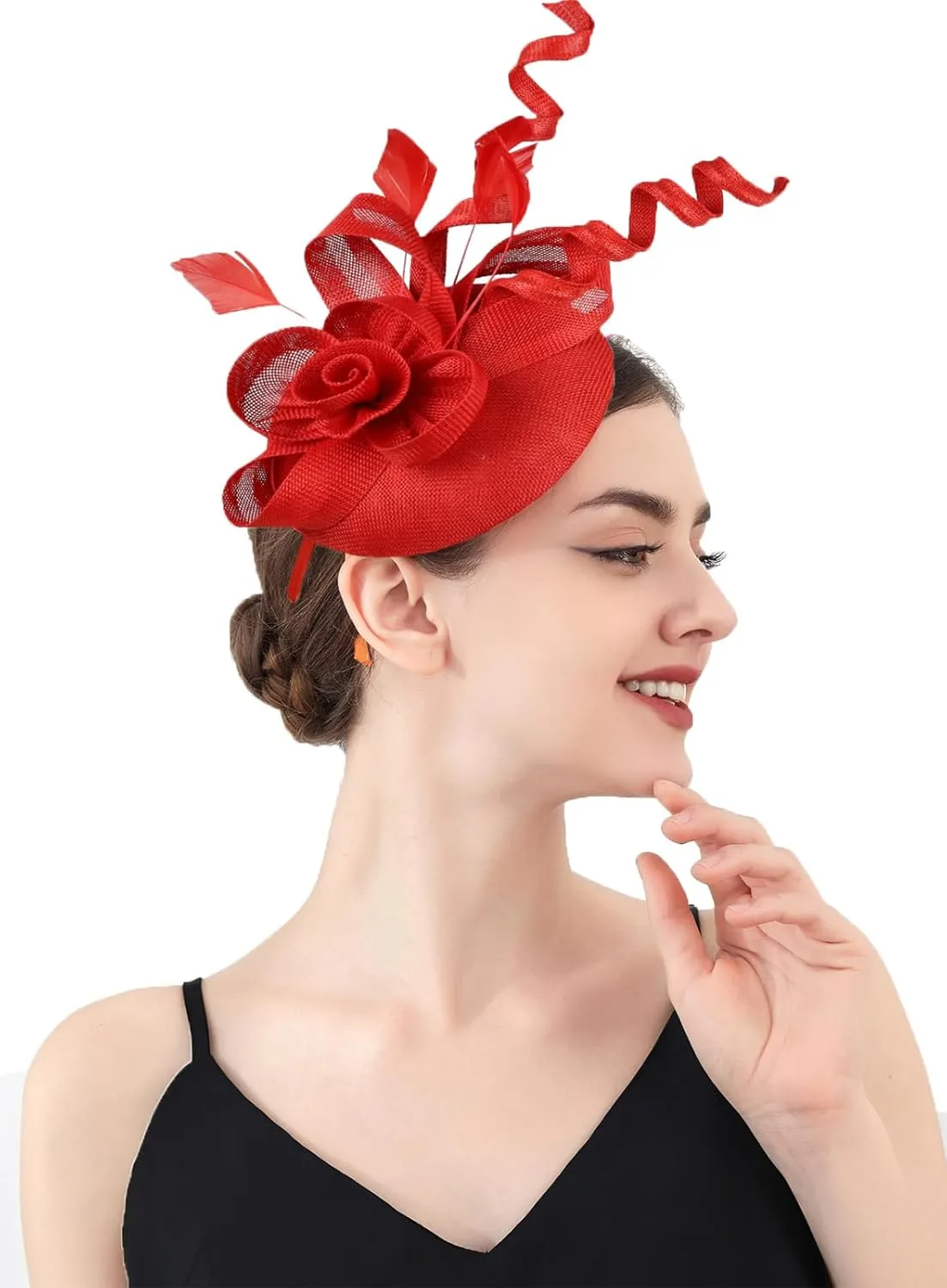 Sinamay Fascinator Hat Floral Feather Pillbox Derby Hats for Women Wedding Tea Party with Headband Clip