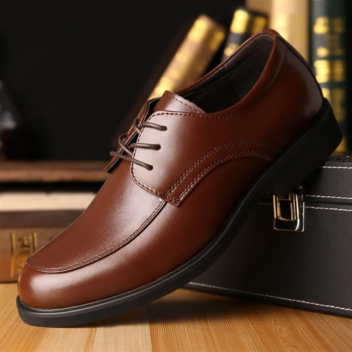 Single Season Formal Shoes Dress Oxford for Men Lace Up Apron Toe Derby Shoes Burnished Round Toe Vegan Leather Anti-Slip Low Top Rubber Sole Block Heel Classic Very Popular Among Young p